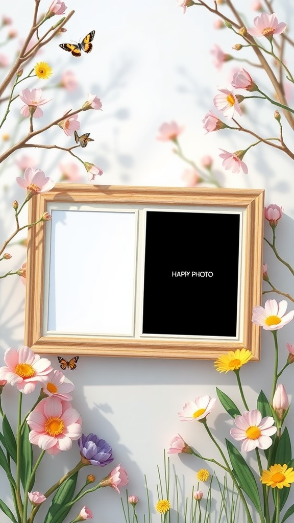 A photo frame decorated with spring flowers and butterflies, featuring a cheerful message.