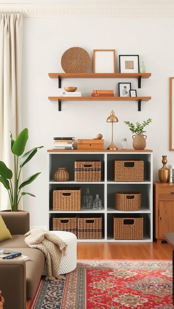 Cozy living room with stylish storage solutions featuring shelves and woven baskets.