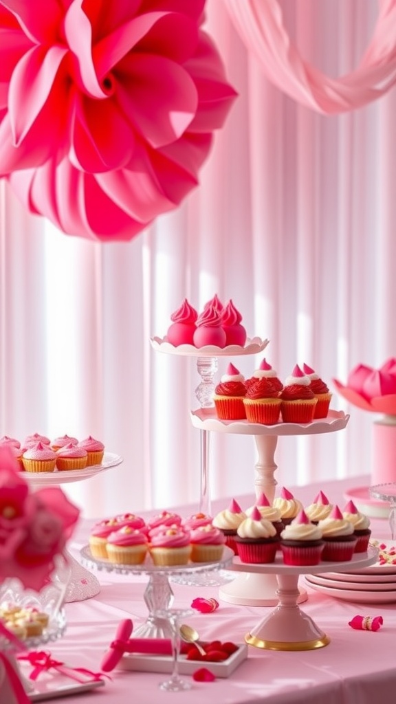 Stylized dessert stands filled with colorful cupcakes and sweets for a Galentine's party.