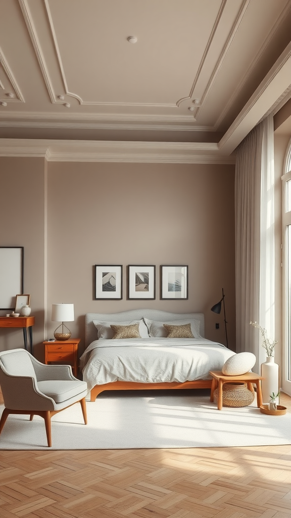 A stylish bedroom featuring subdued taupe walls, a cozy bed with elegant bedding, and warm wooden furniture.