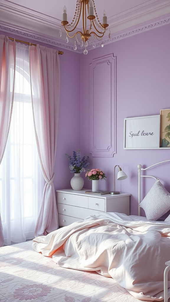 A softly decorated bedroom featuring subtle lavender walls, light curtains, and cozy bedding.