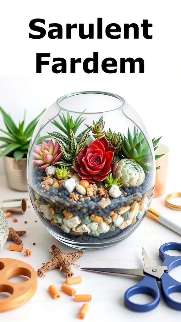 A beautifully arranged succulent terrarium with various plants and decorative stones.