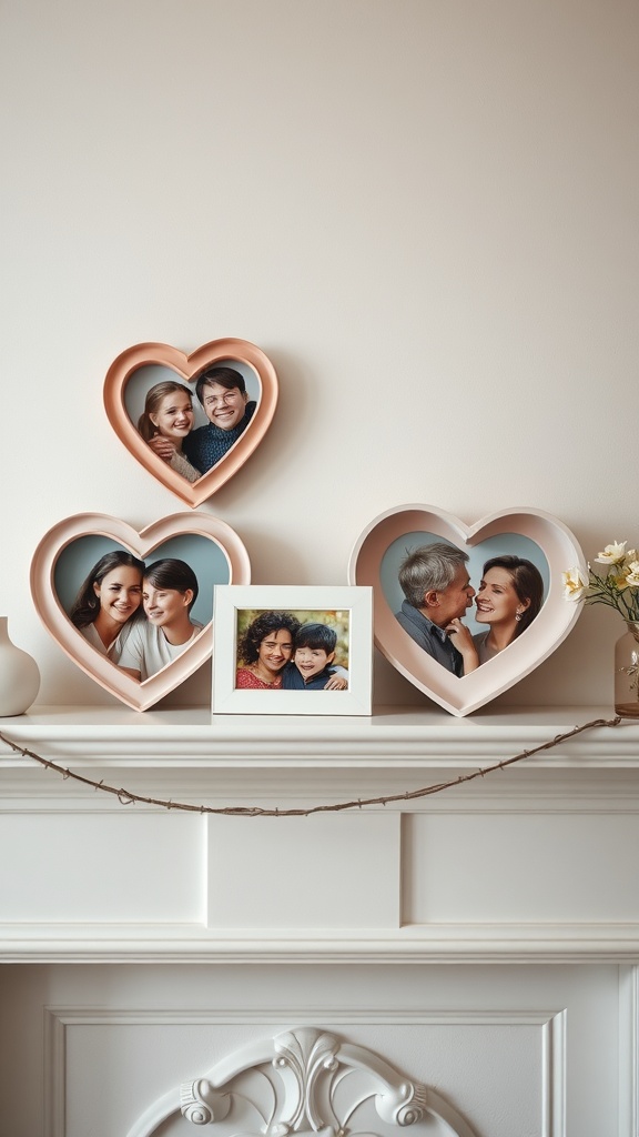 Decorative heart-shaped photo frames displayed on a mantel with family photos.