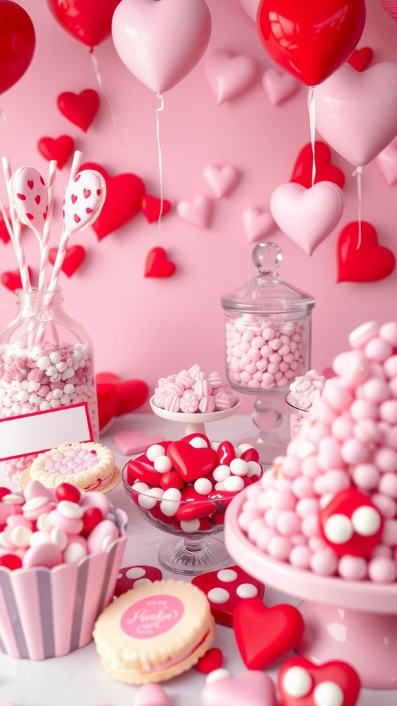 A delightful candy buffet featuring heart-shaped candies, pink marshmallows, and macarons in a festive setup.