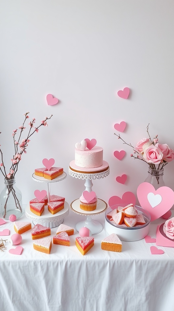 A beautifully arranged dessert table featuring pink heart-shaped treats, a pink cake, and flowers, perfect for Valentine's Day.