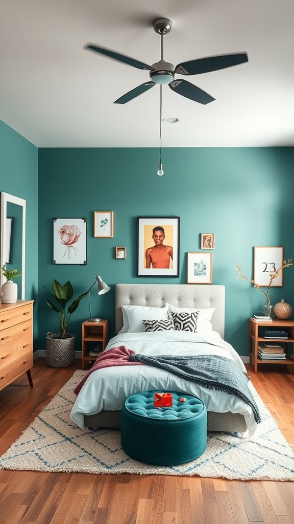 A stylish bedroom with teal green walls, a comfortable bed, and cozy decor.