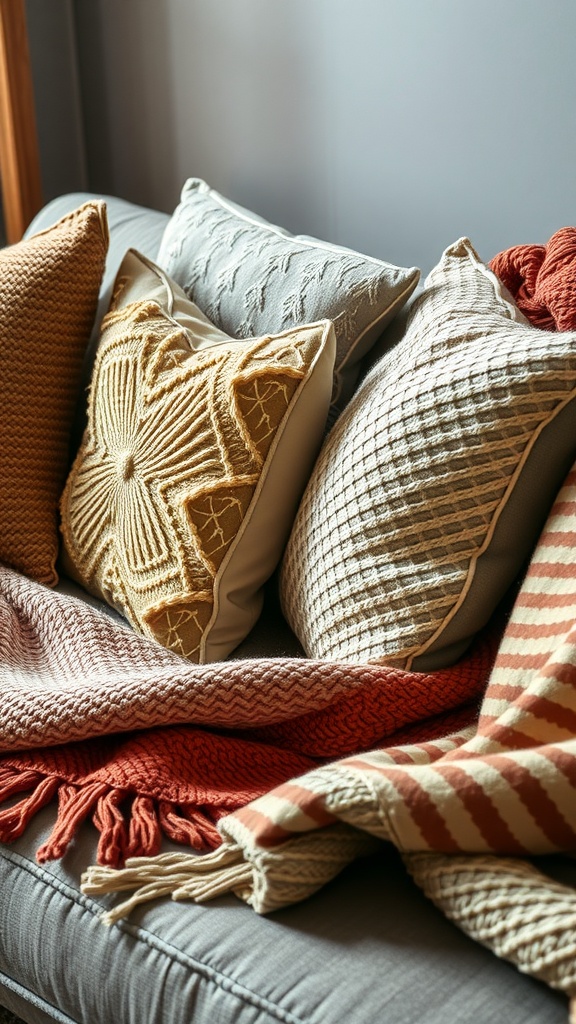 A cozy arrangement of textured throw pillows and blankets on a couch.