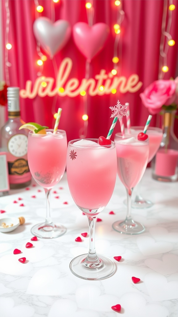 Themed cocktail station for a Galentine's party with pink drinks, heart decorations, and festive lighting.