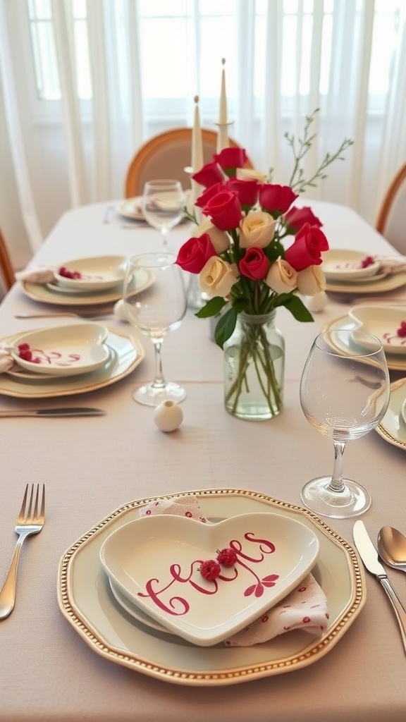 Valentine's Day themed table setting with heart-shaped plates and rose centerpiece