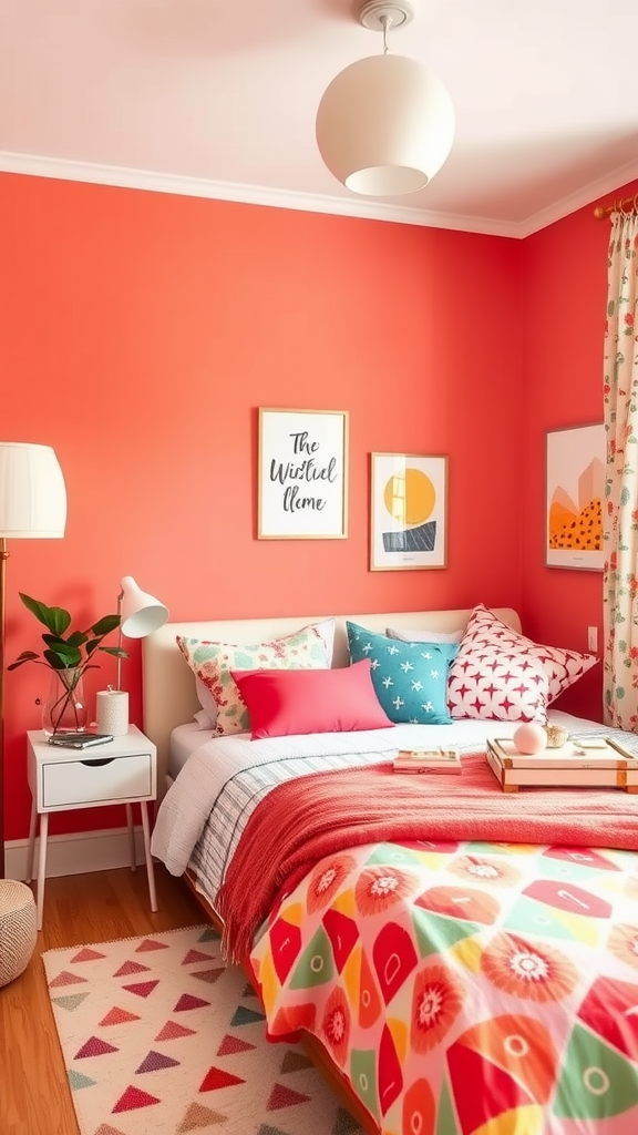 A trendy bedroom painted in vibrant coral with colorful decor and bedding.