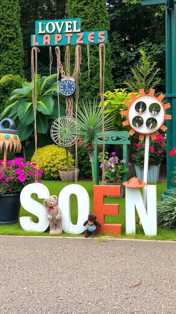 A colorful garden display featuring upcycled decor with letters and a clock.