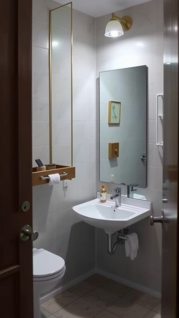 A small bathroom featuring a large mirror and modern fixtures.