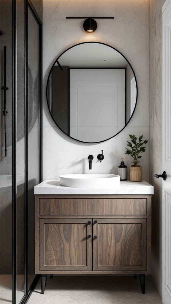 A modern small bathroom featuring a stylish wooden vanity with a round mirror and elegant decor.