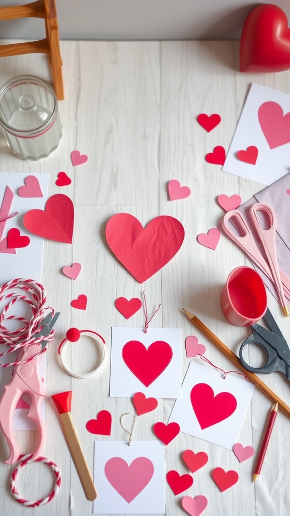 Craft supplies for making Valentine's Day decorations, including hearts and scissors.