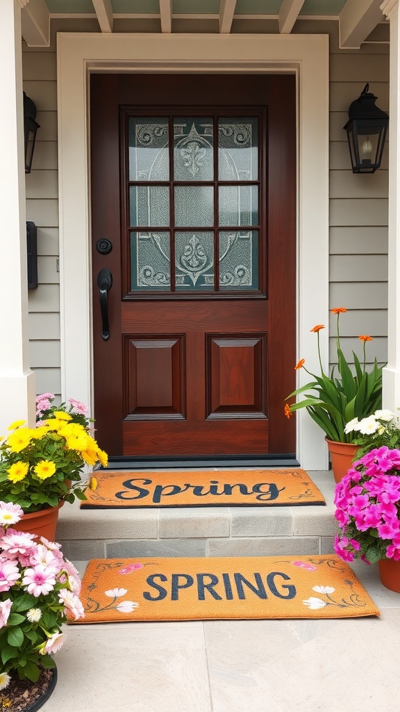 A vibrant orange door mat with the word 'Spring' on it, placed in front of a beautifully decorated door with flowers.