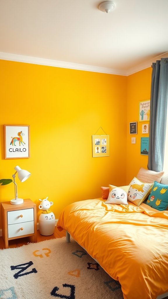 A bright bedroom with mustard yellow walls, cozy bedding, and cheerful decor.