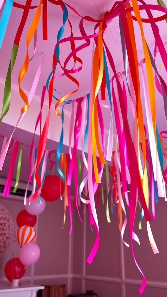 Colorful streamers and ribbons hanging from the ceiling at a party.