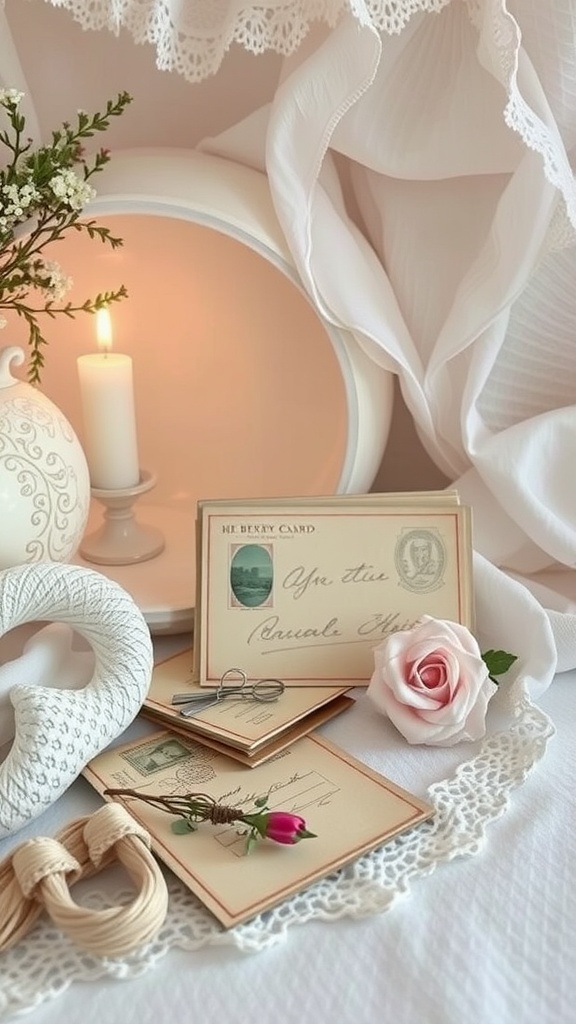A vintage-inspired Valentine's Day decor featuring candles, postcards, and flowers.