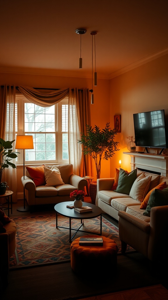 Cozy living room with warm color palette and comfortable seating.