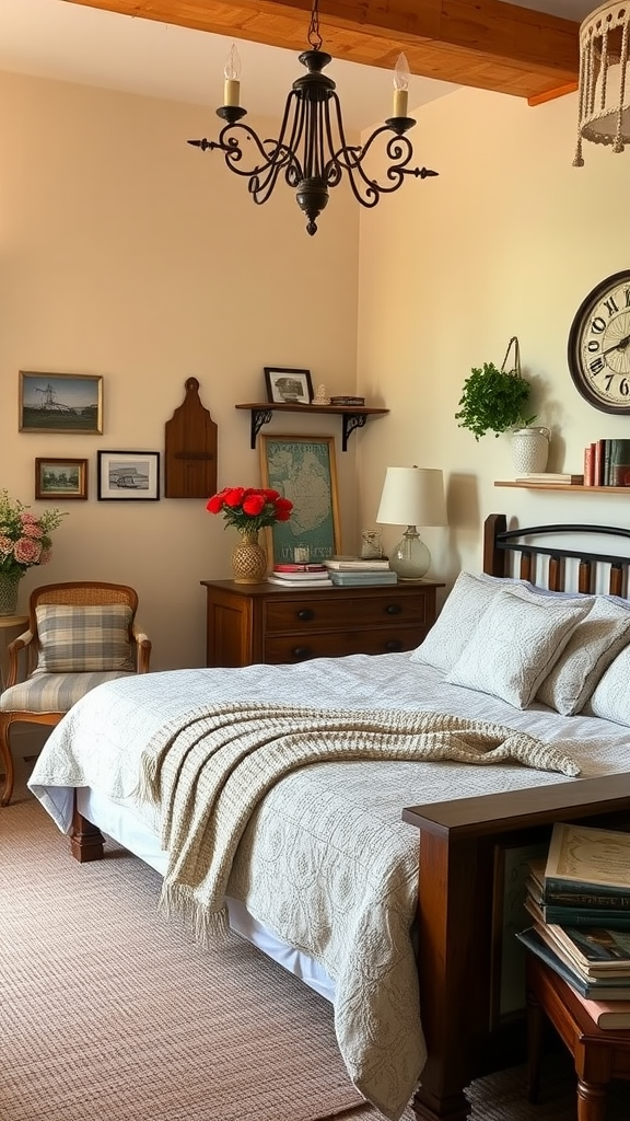 A cozy farmhouse bedroom with warm cream walls, a bed with a knitted throw, and rustic wooden furniture.