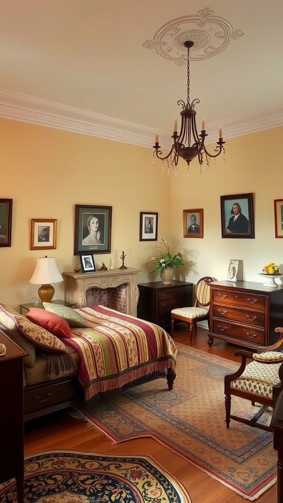 A cozy bedroom with warm cream walls, elegant furniture, and vintage artwork.