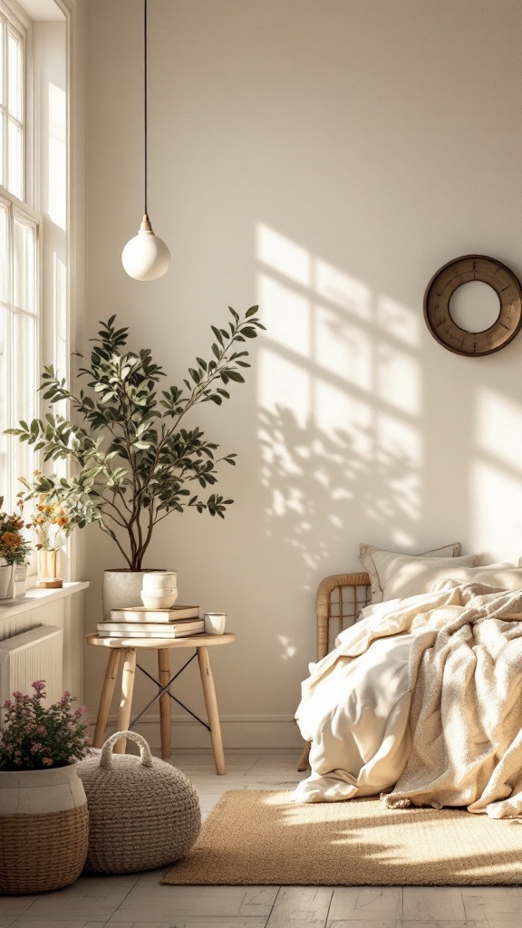 A cozy farmhouse bedroom with warm creamy white walls, a soft bedspread, and plants by the window.