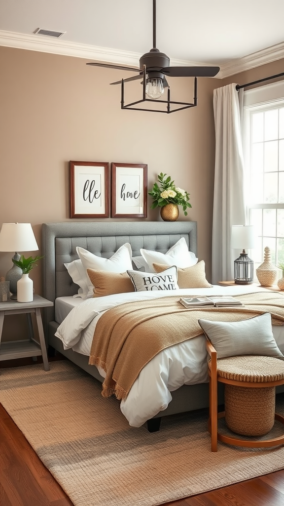 A cozy farmhouse bedroom with warm taupe walls and stylish decor.