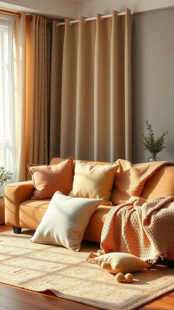 A cozy living room featuring warm colored cushions, a soft blanket, and a textured rug.