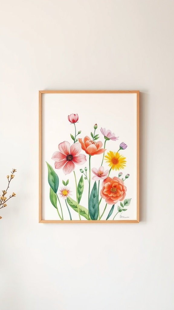 Watercolor floral wall art in a wooden frame on a wall, showcasing colorful flowers.