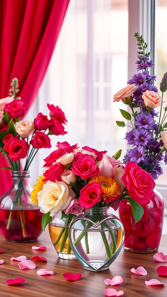 Colorful floral arrangements in heart-shaped vases with rose petals scattered on a table.