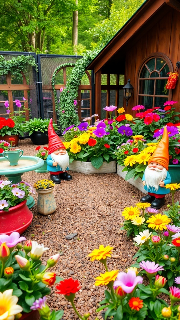 A colorful garden featuring bright flowers, decorative gnomes, and a charming wooden structure.