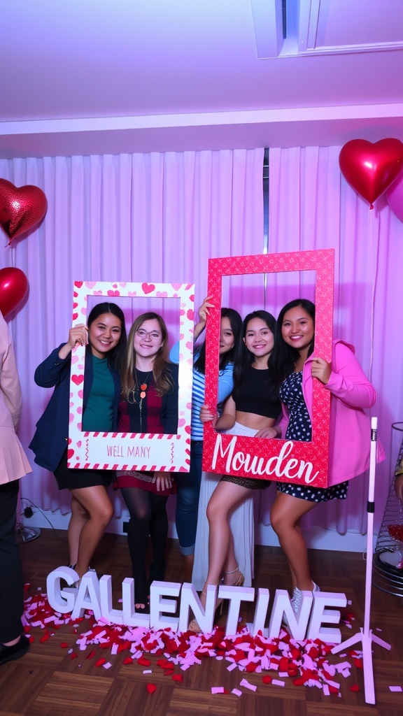 Group of friends posing with playful photo frames at a Galentine's party.