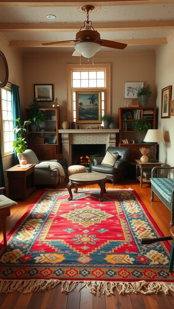 A vintage boho living room with a colorful artisan rug as a focal point.