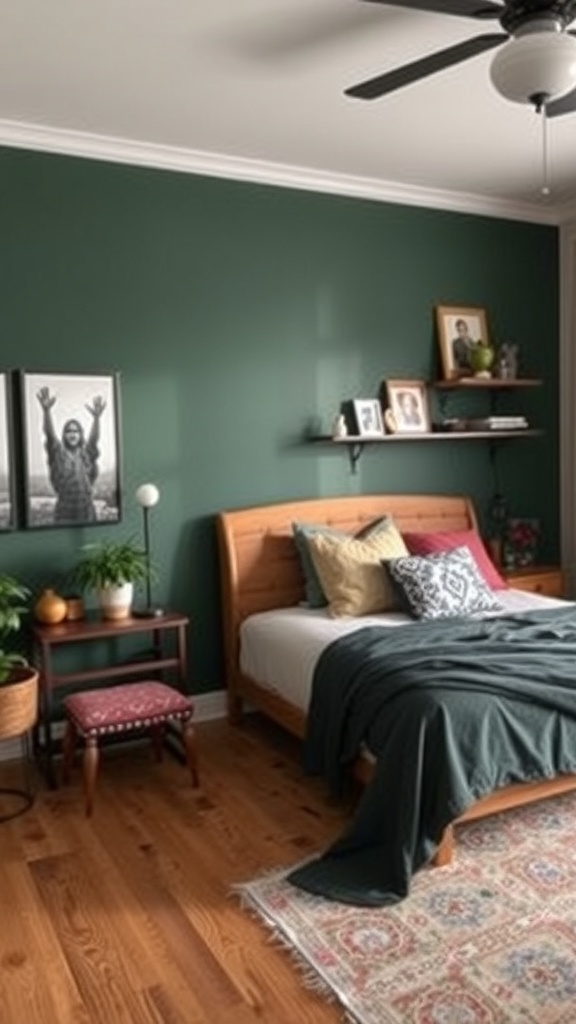 A cozy bedroom with dark green walls, wooden furniture, and decorative plants.