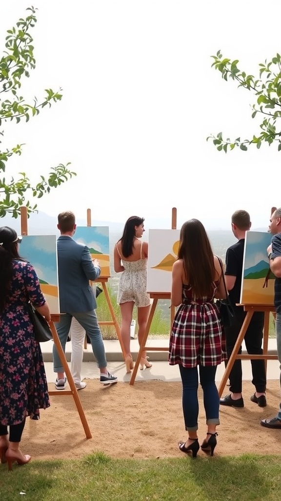 Group of people painting outdoors during a bridal shower party.