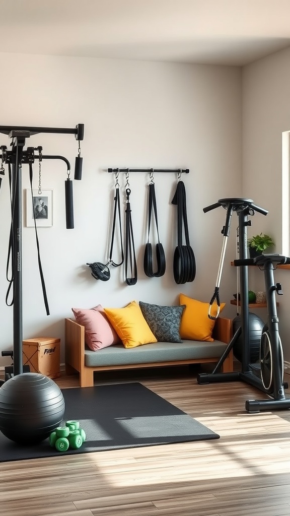 A home gym featuring workout equipment and a cozy seating area with colorful cushions.