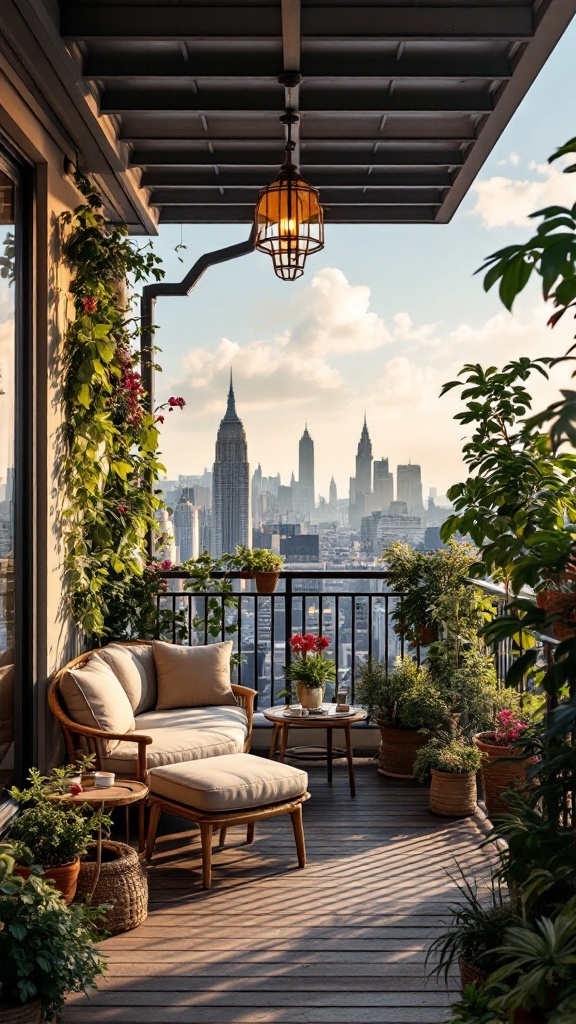 Cozy balcony with plants and city view