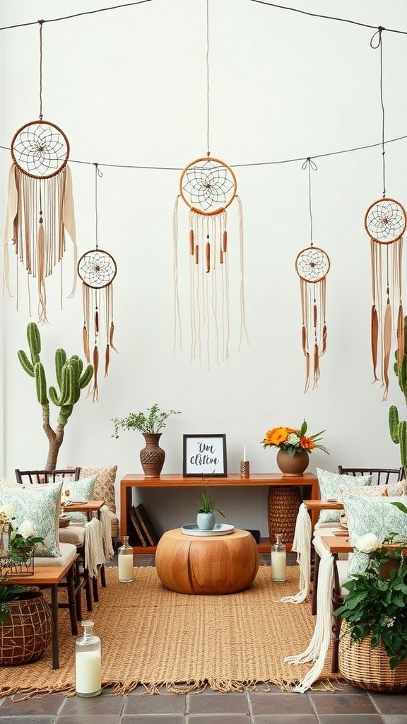 A beautifully decorated space with dreamcatchers, cozy seating, and plants for a bohemian bridal shower.