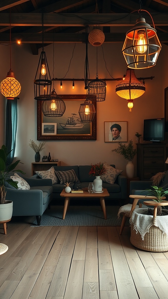 A vintage boho living room showcasing various hanging lighting fixtures, including woven and metal designs, creating a warm atmosphere.