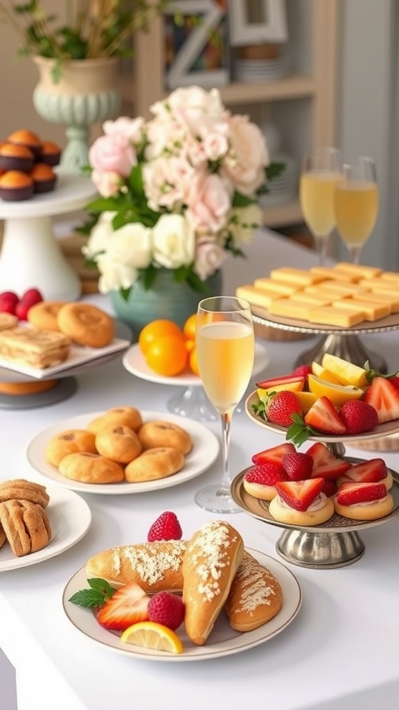 Brunch buffet with pastries, mimosas, and flowers