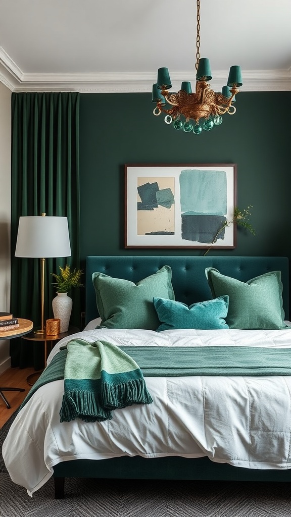 Chic dark green bedroom featuring a stylish chandelier, green pillows, and cozy blankets.