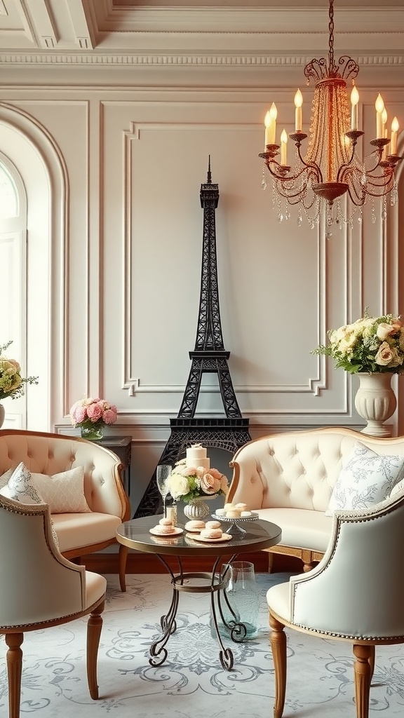 Elegant seating area with a mini Eiffel Tower and pastel decor, perfect for a bridal shower theme