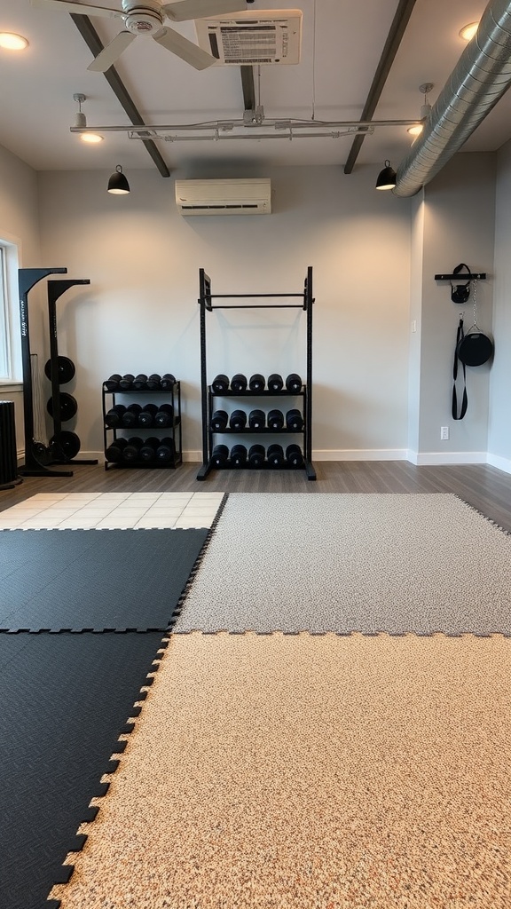 A home gym with different types of flooring including foam tiles and rubber mats.