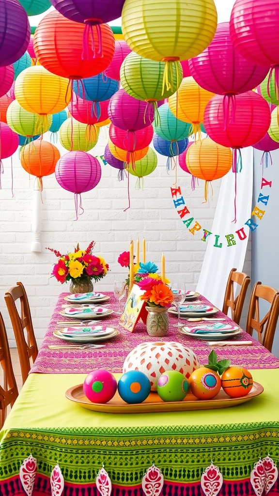 Colorful fiesta decoration with lanterns, flowers, and a decorated table