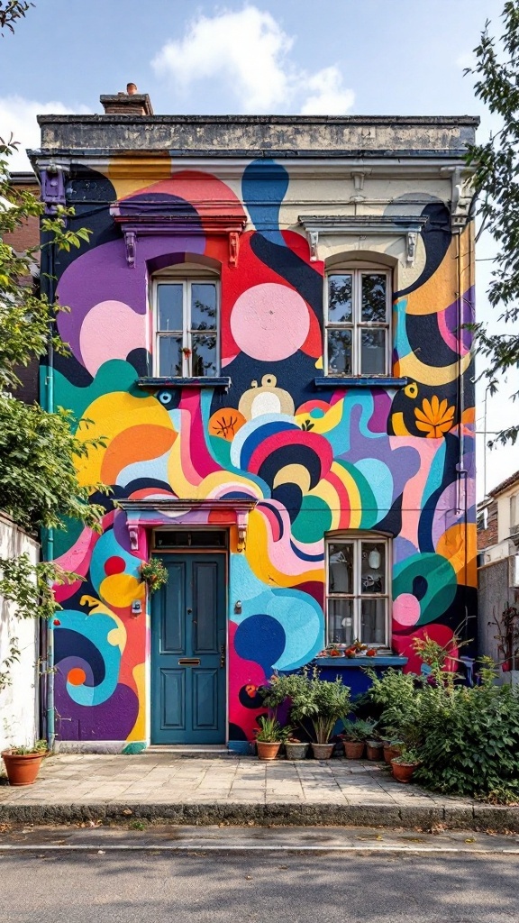 Colorful mural on the exterior wall of a small apartment featuring abstract shapes and bright colors.