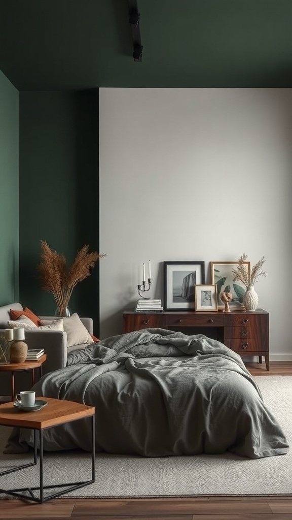 A cozy dark green bedroom with earthy tones and minimalist decor.