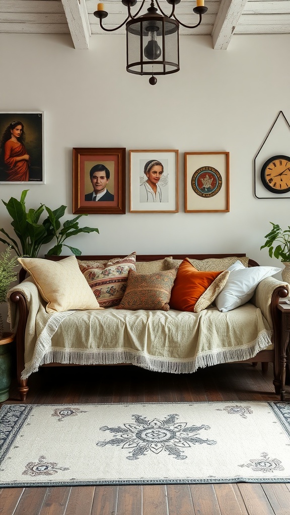 A cozy vintage boho living room with layered bedding on a couch.