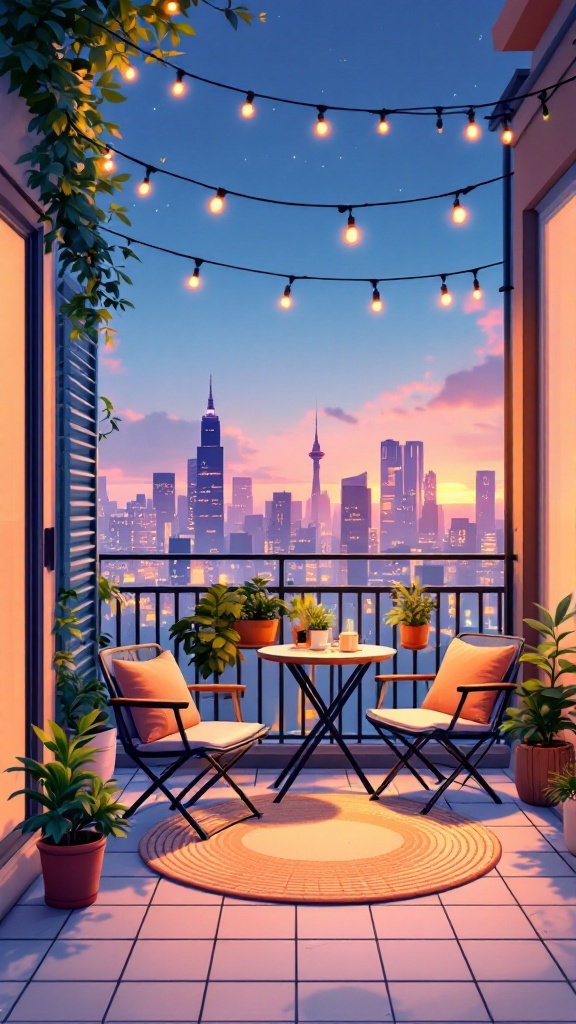 Cozy balcony with folding chairs, a small table, and plants, illuminated by string lights against a city skyline.