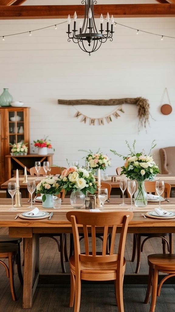 A beautifully decorated bridal shower setting with wooden tables, floral arrangements, and string lights.