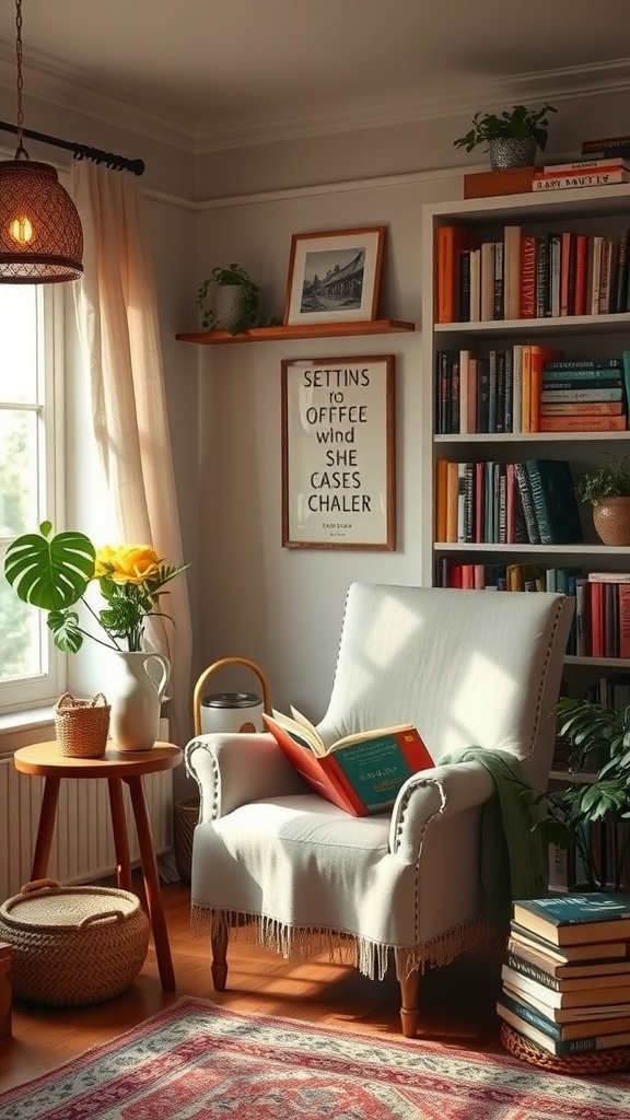 A cozy reading nook with a comfortable chair, bookshelves, and plants.